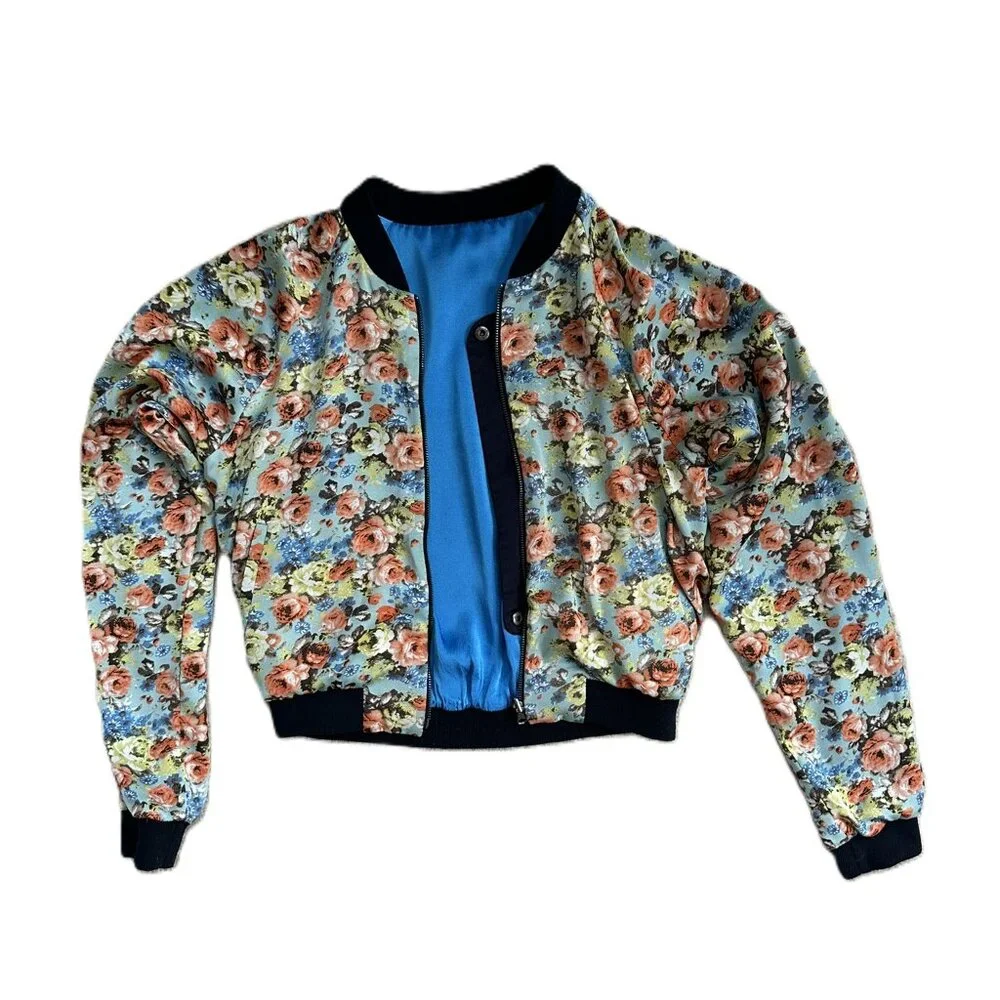 XS women Reversible Jacket Short Moto Style Floral and Blue Satin 2 looks in 1 - Picture 3 of 9